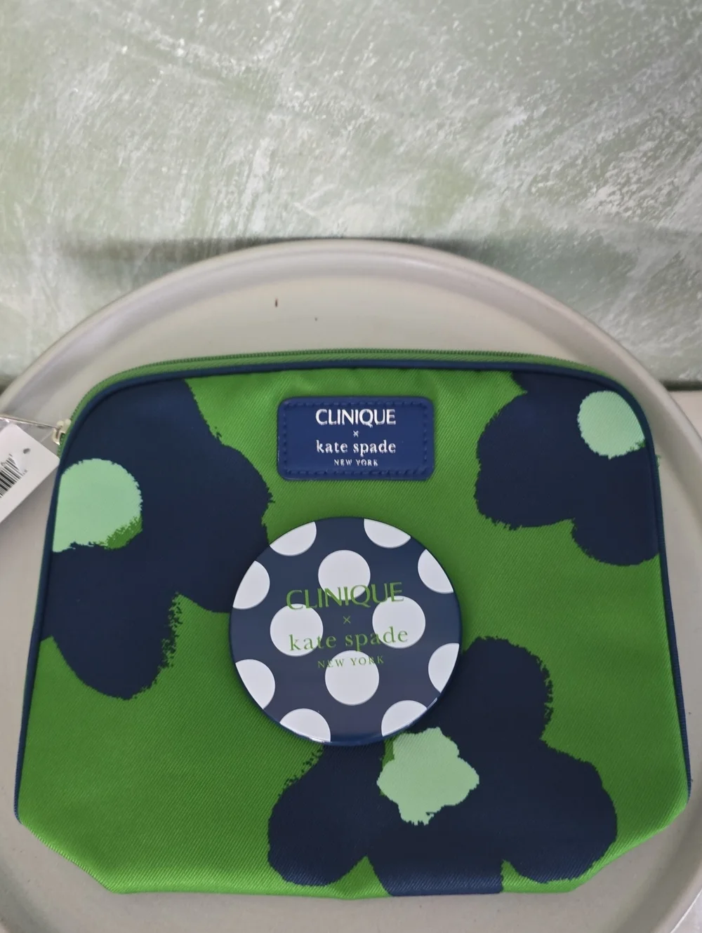 Clinique X Kate Spade  Green & Navy Floral Cosmetic Pouch & Compact Mirror New